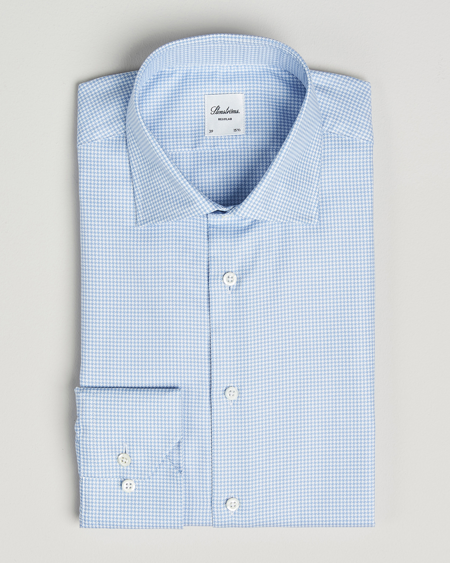 Heren | Overhemden | Stenströms | Regular Fit Houndstooth Cut Away Shirt Light Blue