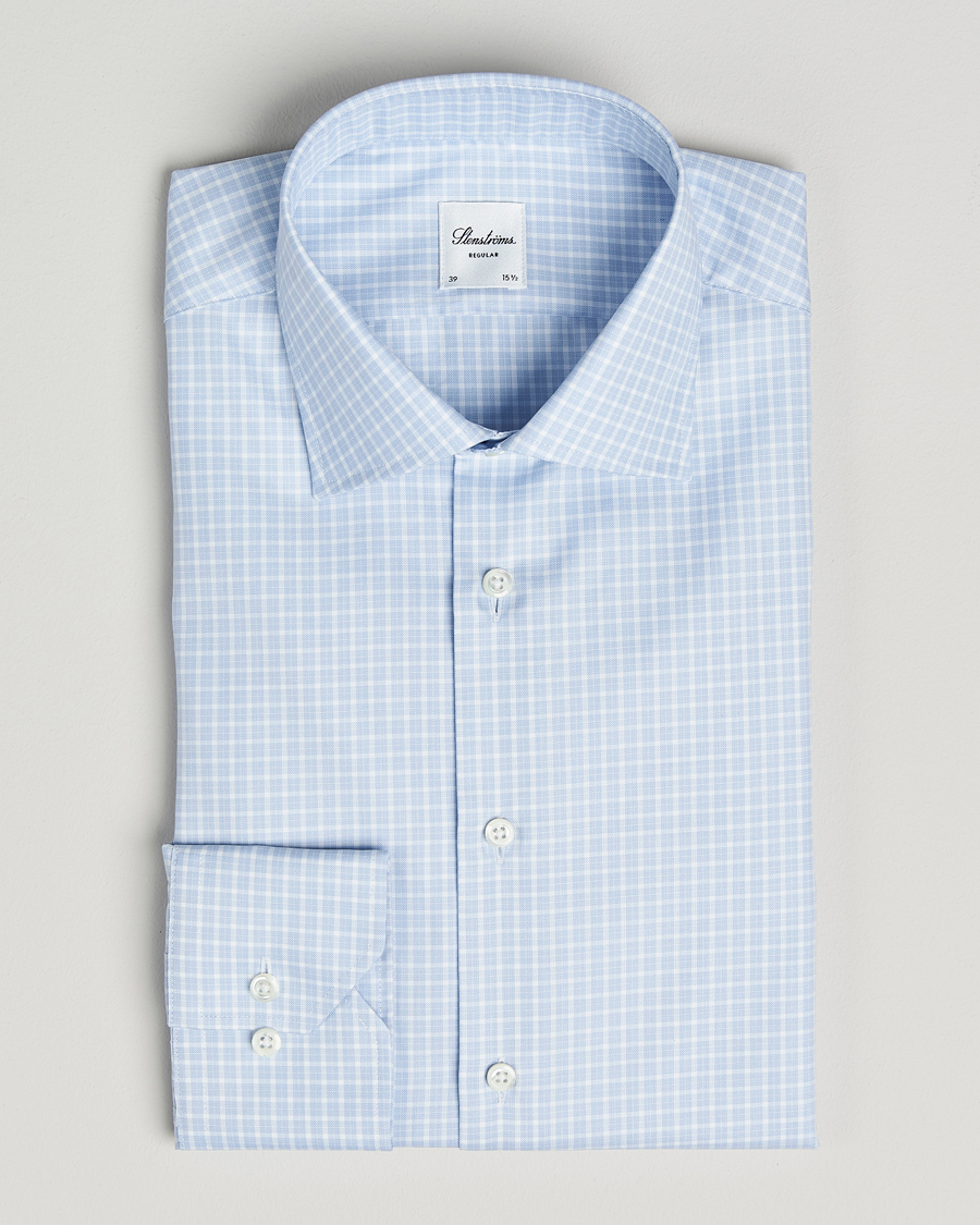 Heren | Overhemden | Stenströms | Regular Fit Twill Check Cut Away Shirt Light Blue