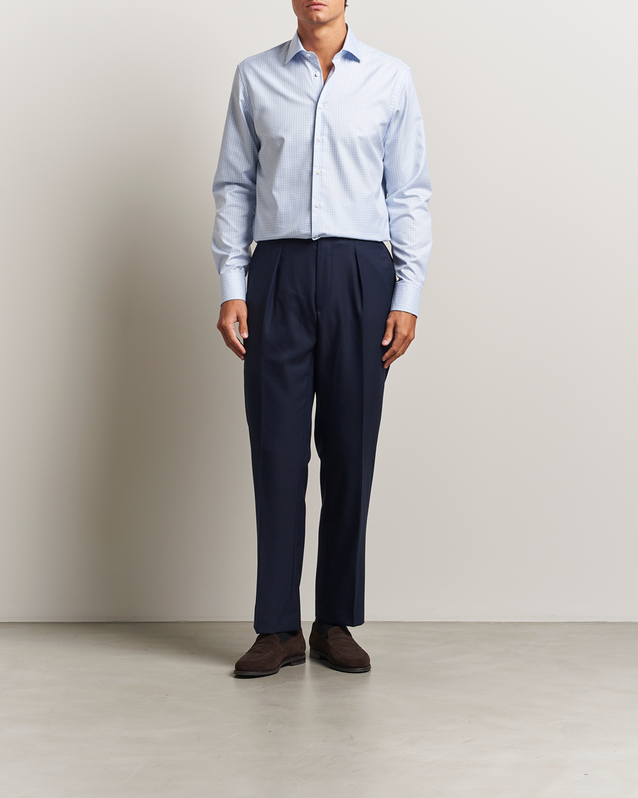 Heren | Overhemden | Stenströms | Regular Fit Twill Check Cut Away Shirt Light Blue