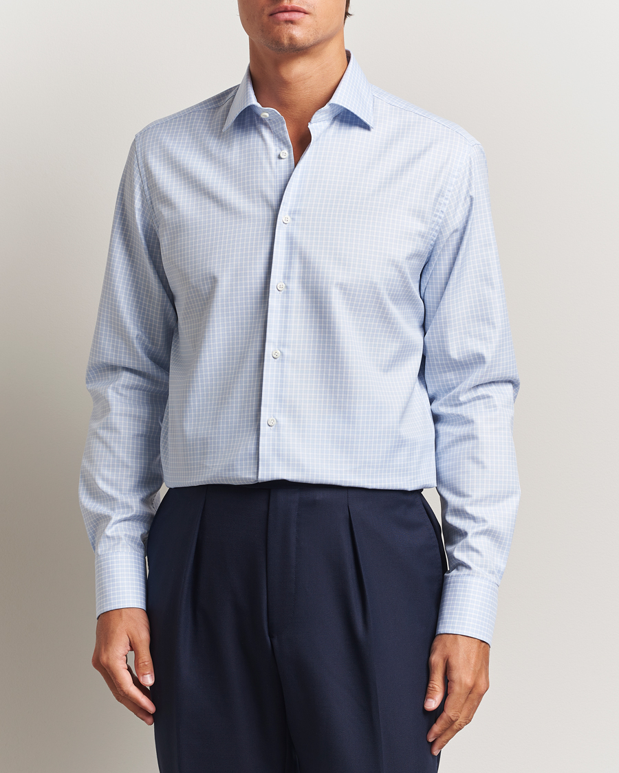 Heren | Overhemden | Stenströms | Regular Fit Twill Check Cut Away Shirt Light Blue