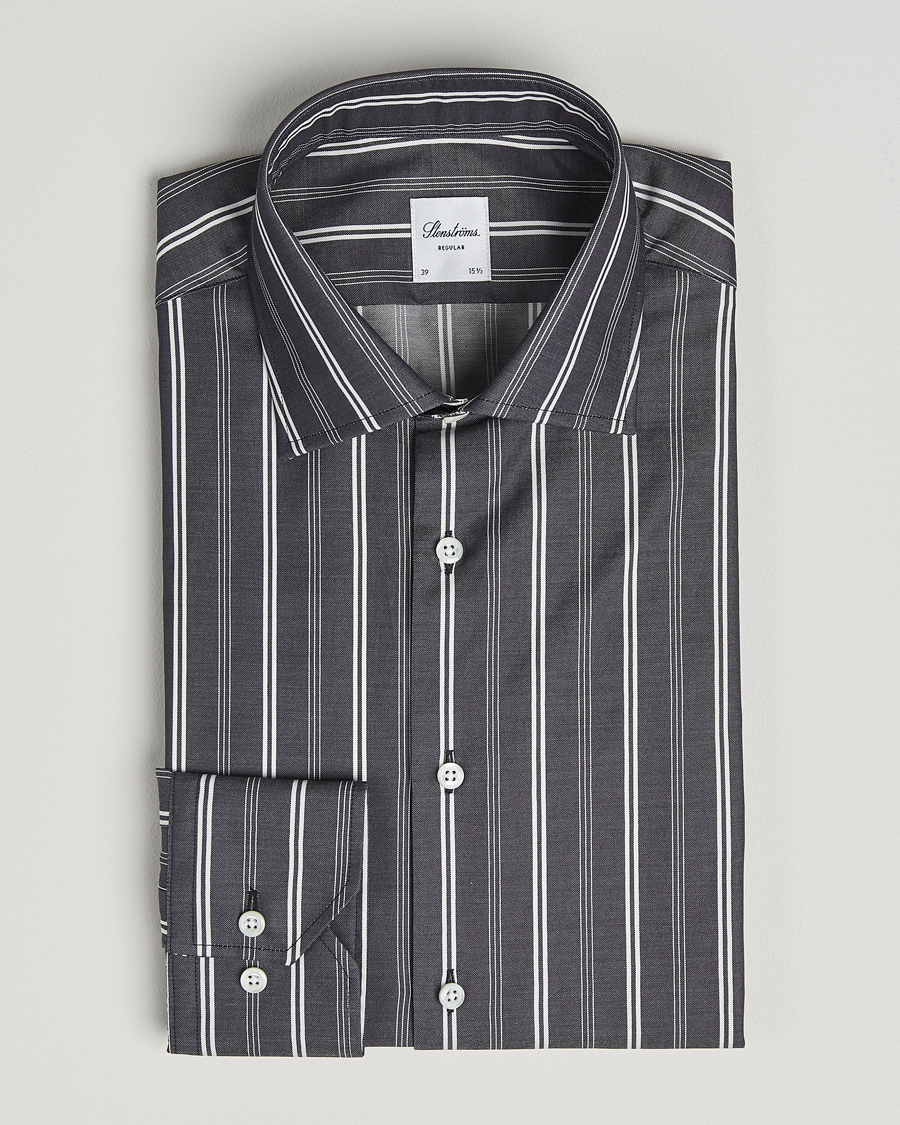 Heren | Overhemden | Stenströms | Regular Fit Mixed Stripe Twill Shirt White/Black
