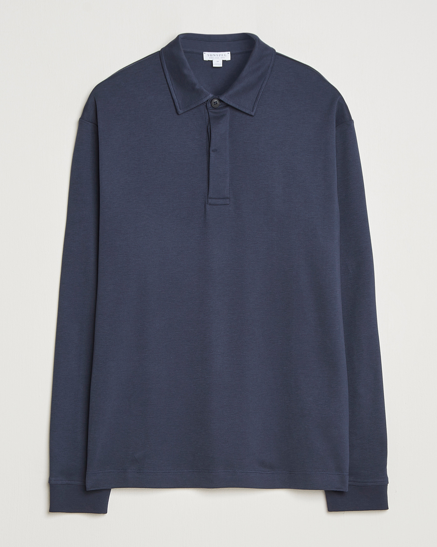 Heren | Polo's | Sunspel | Heavy Weight Supima Cotton Long Sleeve Polo Navy