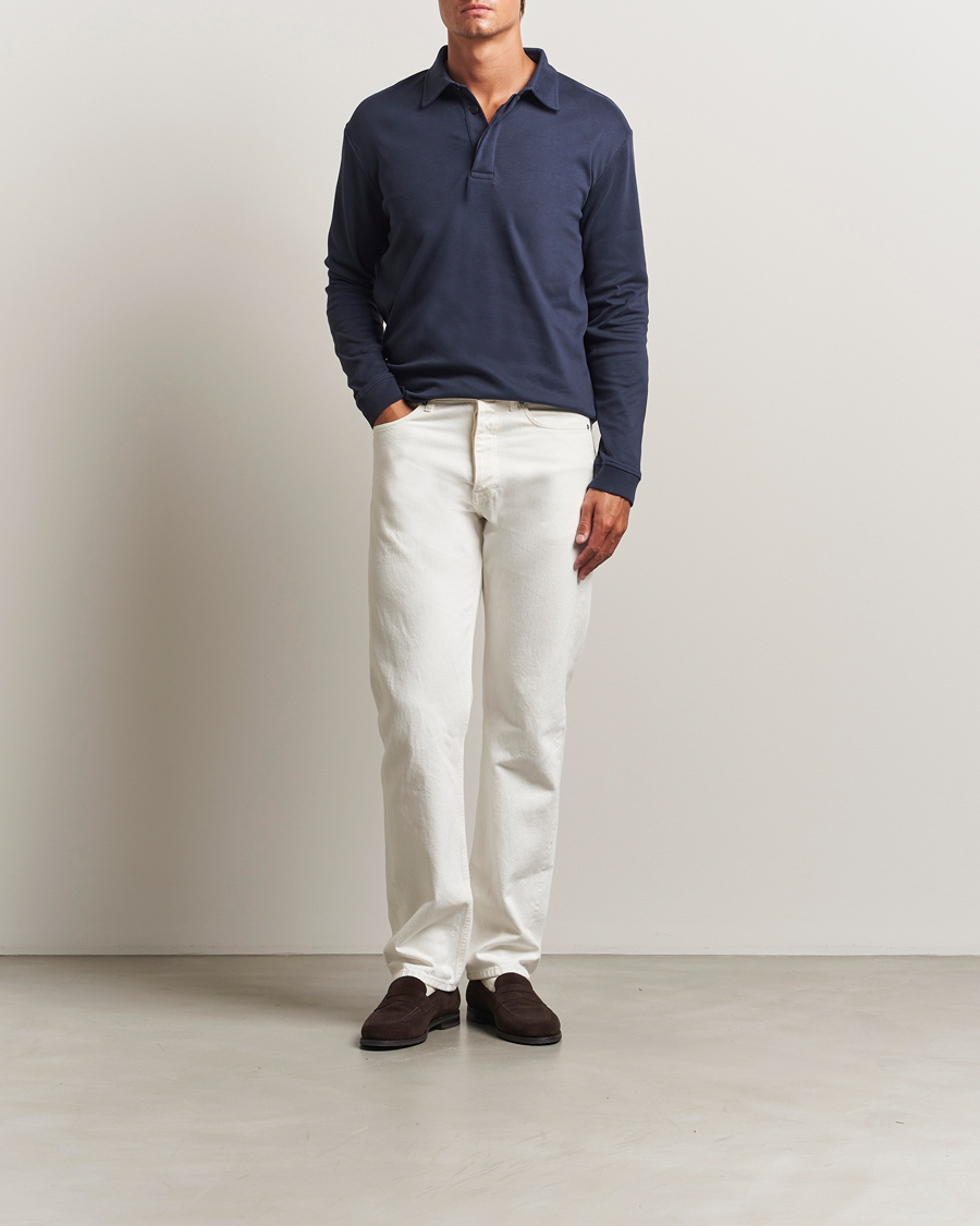 Heren | Polo's | Sunspel | Heavy Weight Supima Cotton Long Sleeve Polo Navy