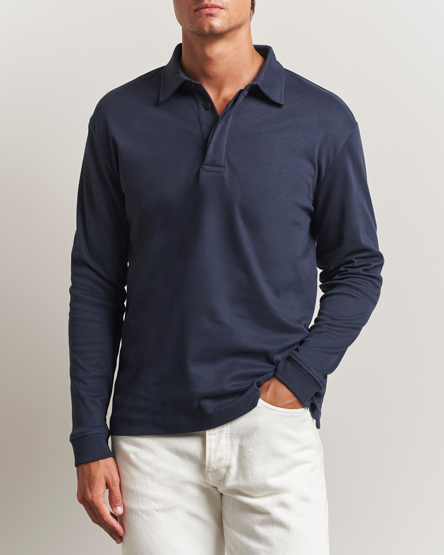 Heren | Polo's | Sunspel | Heavy Weight Supima Cotton Long Sleeve Polo Navy