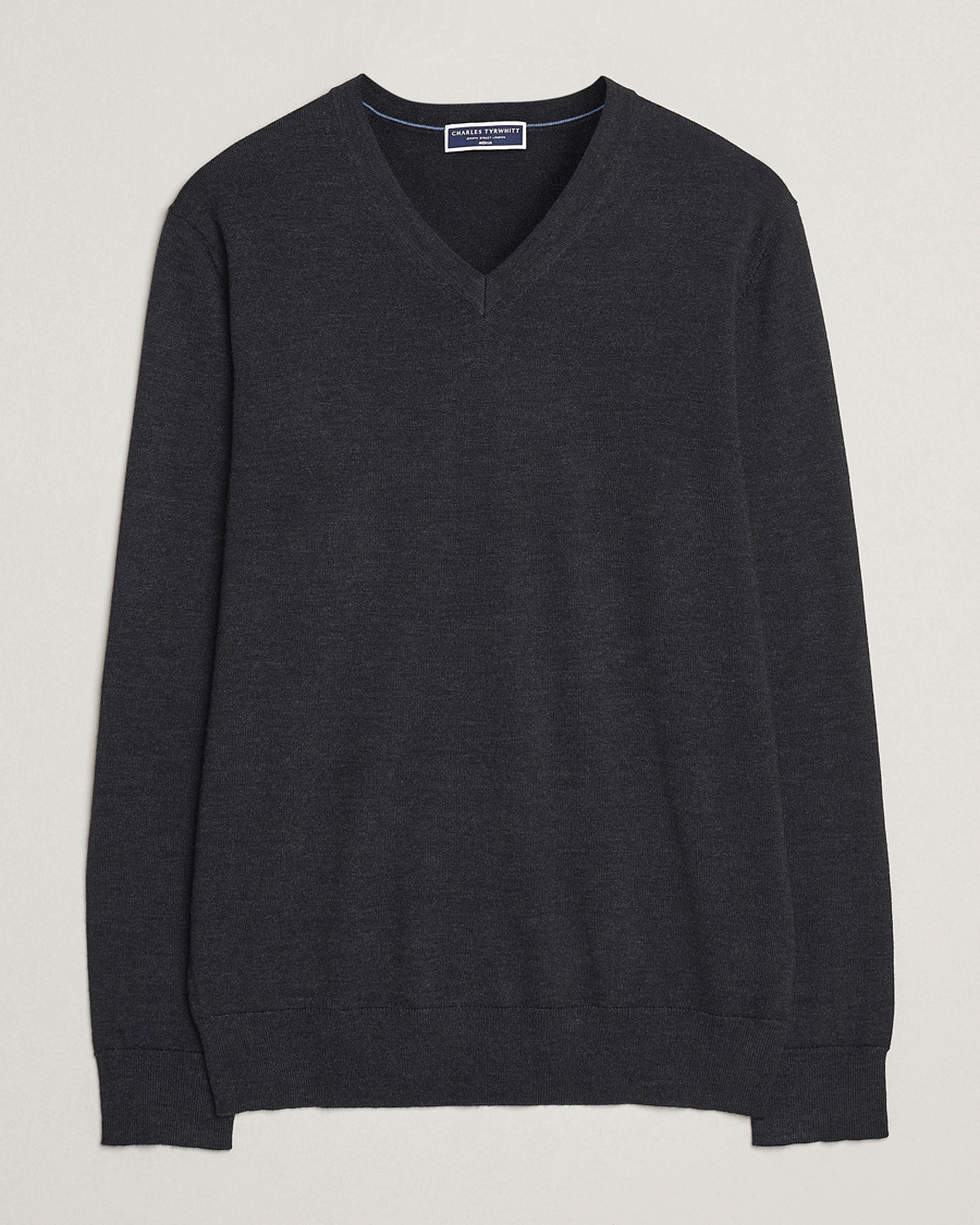 Heren | Truien | Charles Tyrwhitt | Pure Merino V-Neck Jumper Dark Charcoal