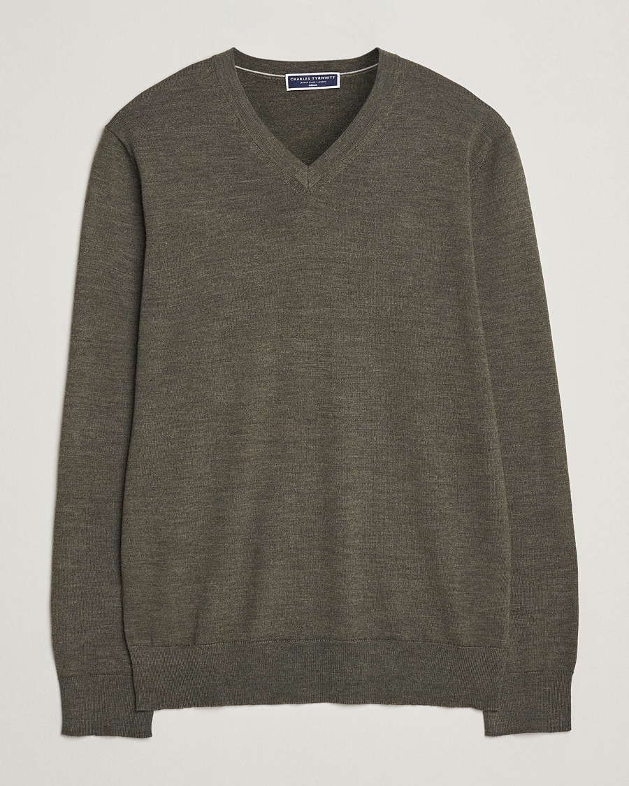 Heren | Truien | Charles Tyrwhitt | Pure Merino V-Neck Jumper Olive Green