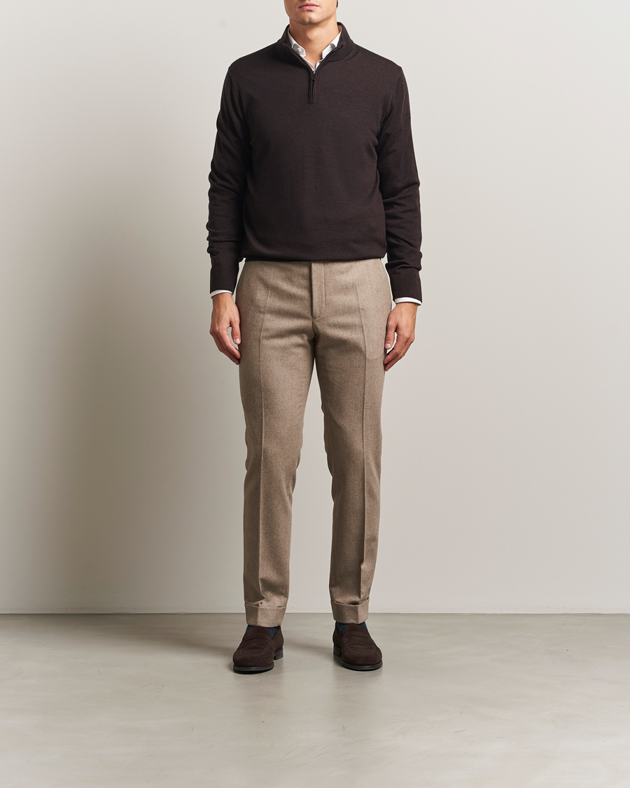 Heren | Truien | Charles Tyrwhitt | Pure Merino Zip Neck Jumper Chocolate Brown