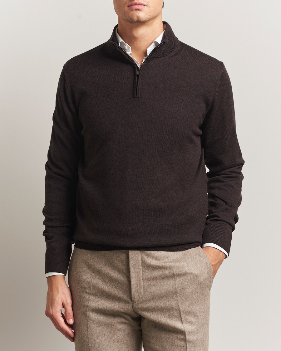 Heren | Truien | Charles Tyrwhitt | Pure Merino Zip Neck Jumper Chocolate Brown