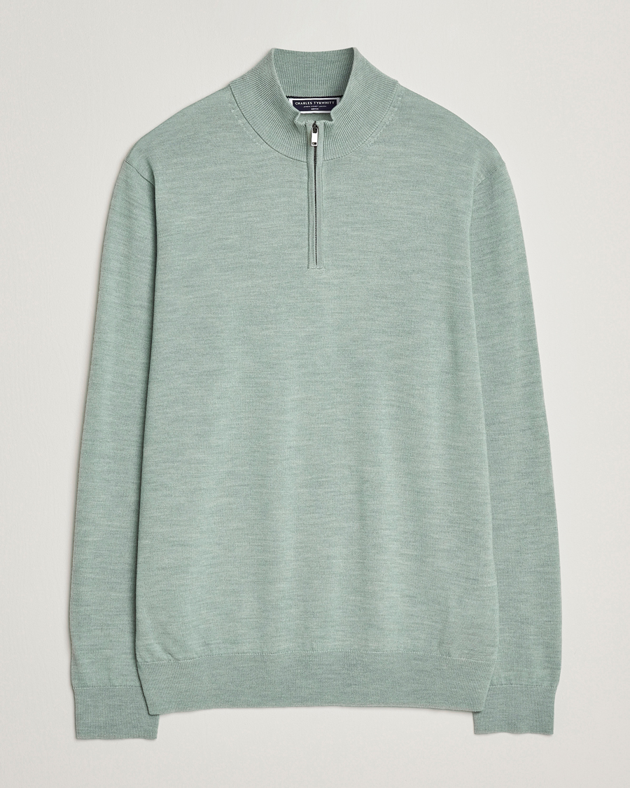 Heren | Truien | Charles Tyrwhitt | Pure Merino Zip Neck Jumper Pale Teal Green