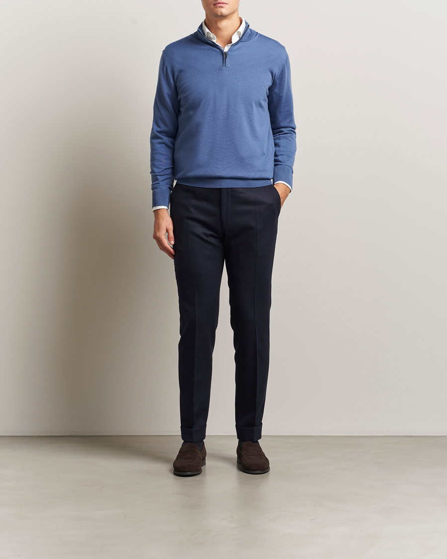 Heren | Truien | Charles Tyrwhitt | Pure Merino Zip Neck Jumper Steel Blue