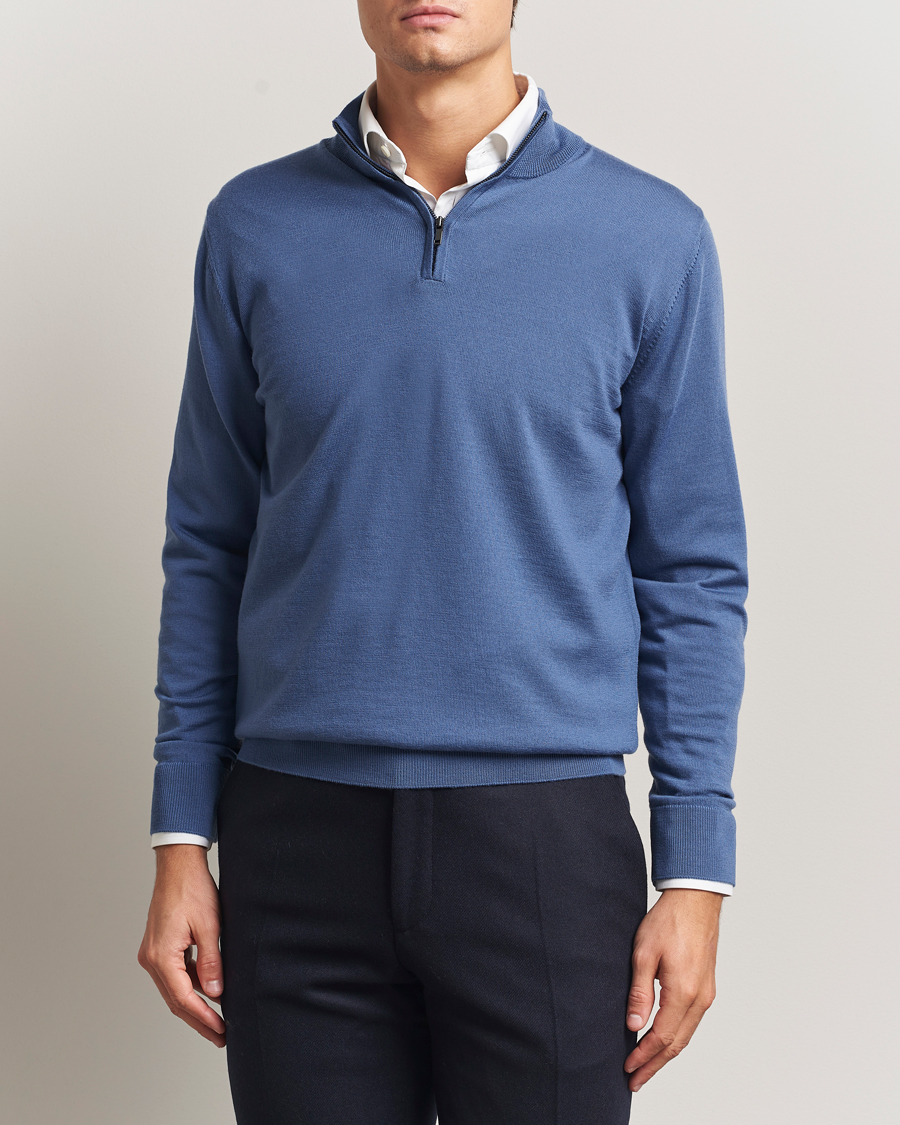 Heren | Truien | Charles Tyrwhitt | Pure Merino Zip Neck Jumper Steel Blue