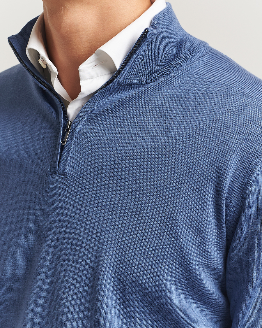 Heren | Truien | Charles Tyrwhitt | Pure Merino Zip Neck Jumper Steel Blue