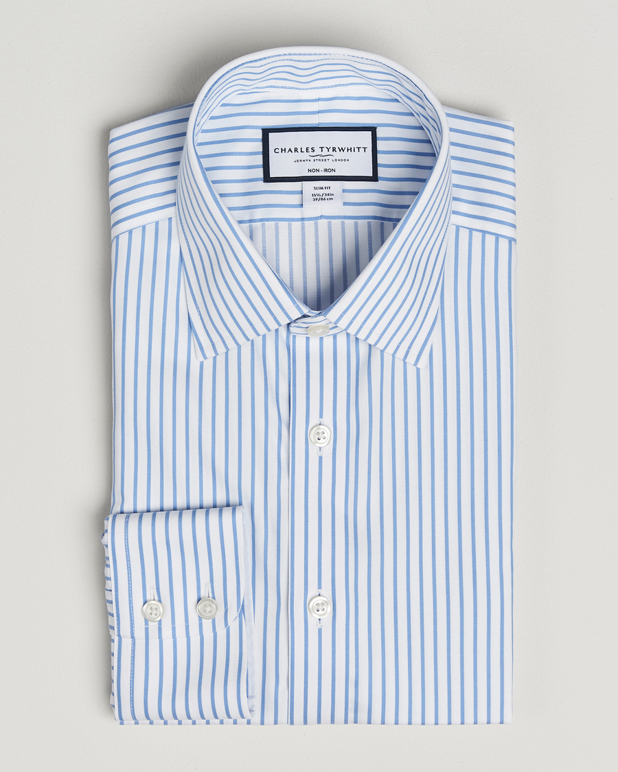 Heren | Overhemden | Charles Tyrwhitt | Slim Fit Non Iron Twill Stripe Shirt Blue