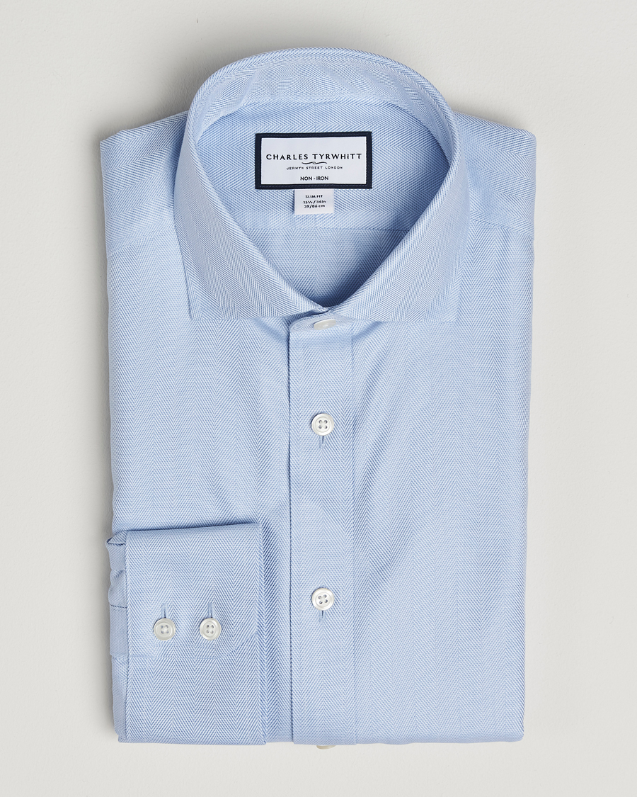 Heren | Overhemden | Charles Tyrwhitt | Slim Fit Non Iron Herringbone Cut Away Shirt Sky