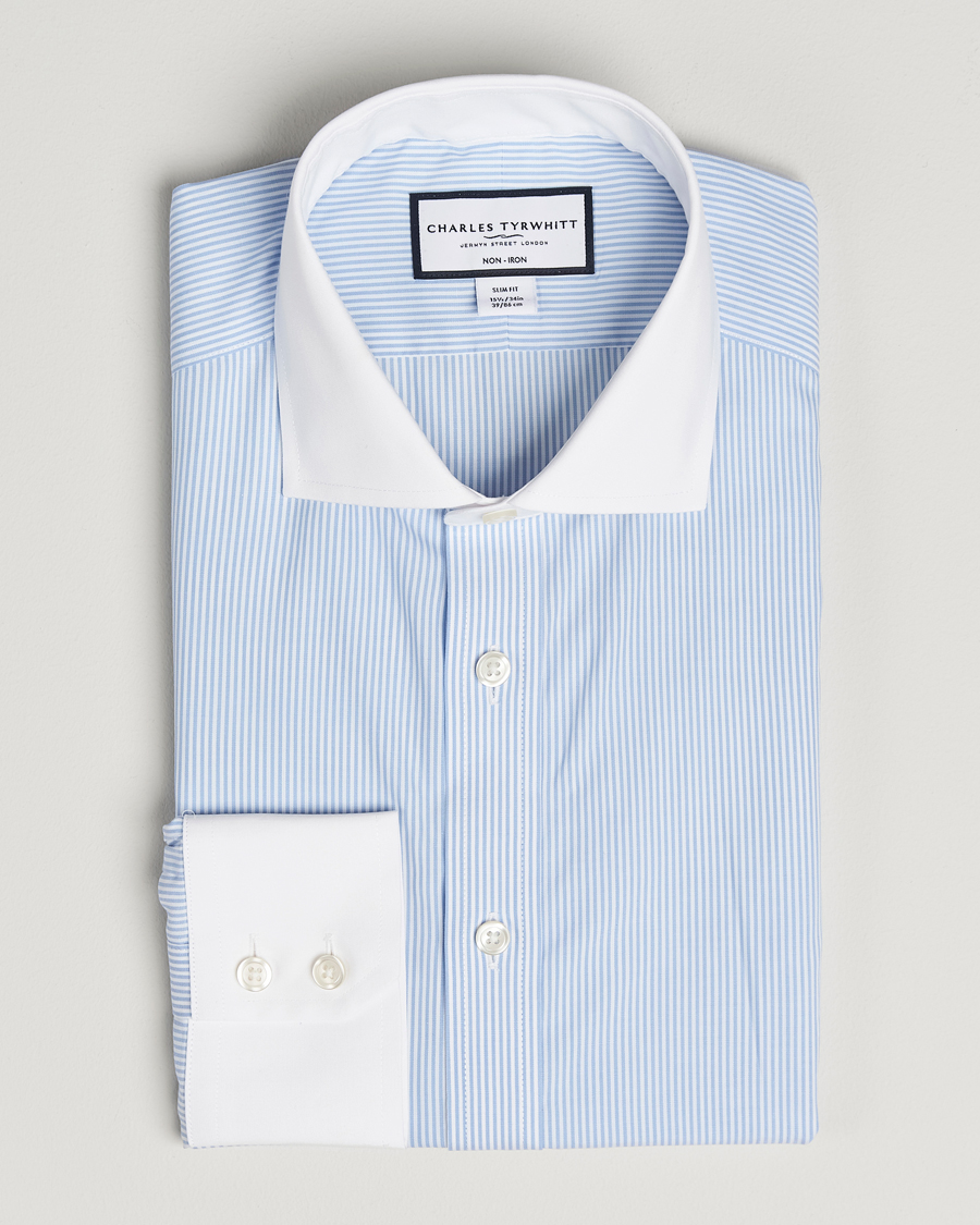Heren | Overhemden | Charles Tyrwhitt | Slim Fit Non Iron Bengal Stripe Winchester Shirt Sky Blue