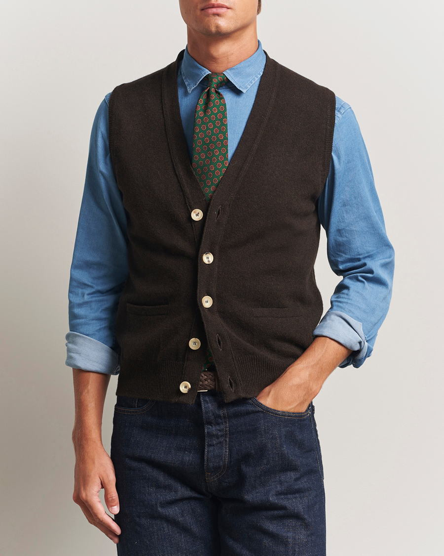 Heren | Truien | Drake's | Lambswool Vest Cardigan Dark Brown