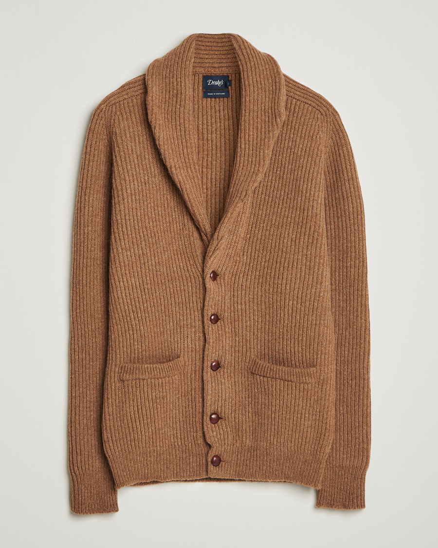 Heren | Truien | Drake's | Lambswool Shawl Collar Rib Cardigan Brown
