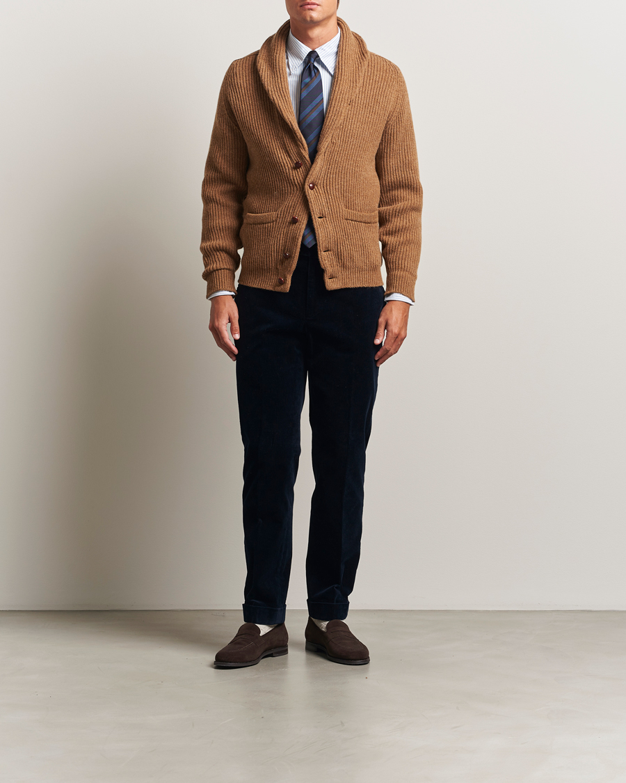 Heren | Truien | Drake's | Lambswool Shawl Collar Rib Cardigan Brown