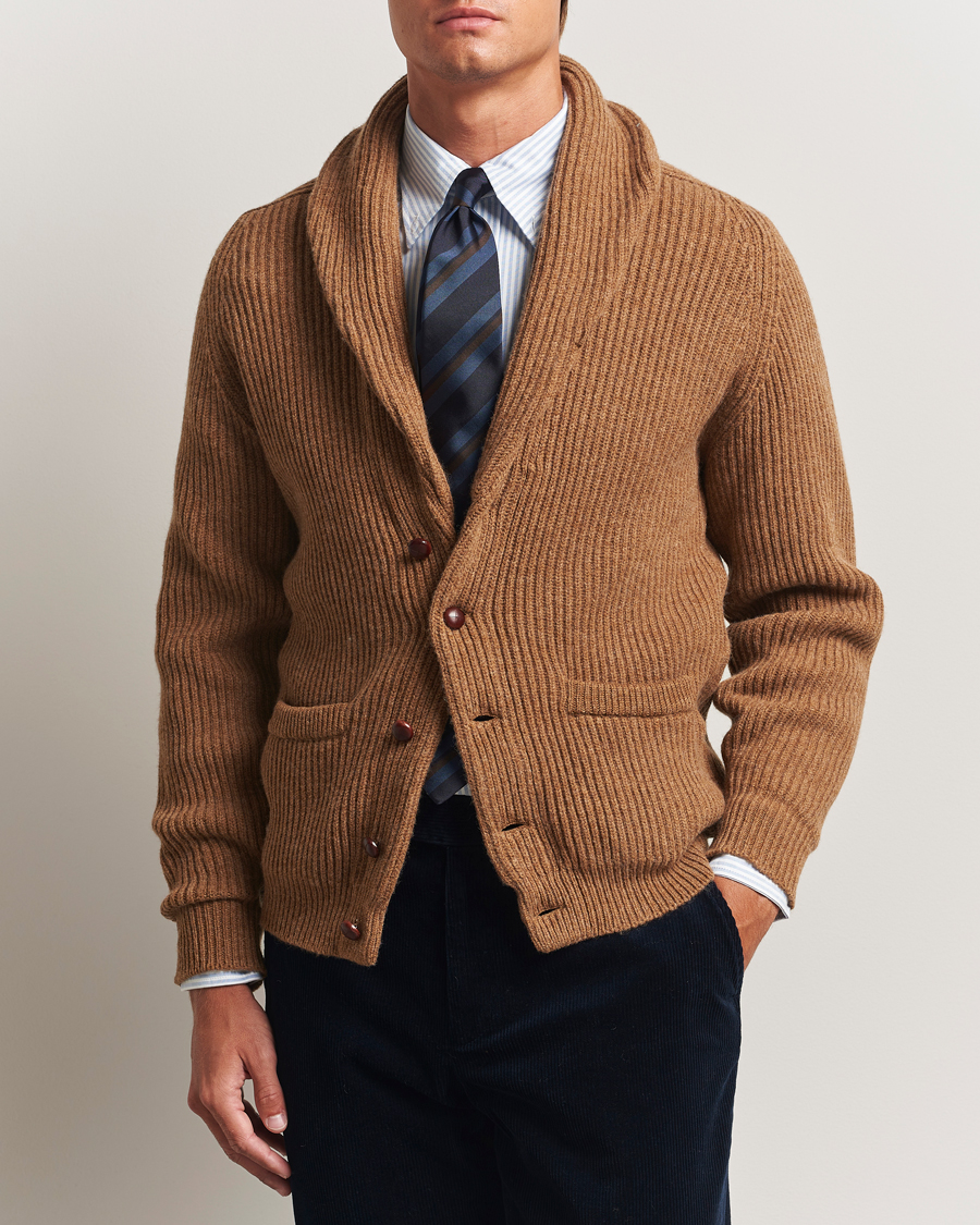 Heren | Truien | Drake's | Lambswool Shawl Collar Rib Cardigan Brown