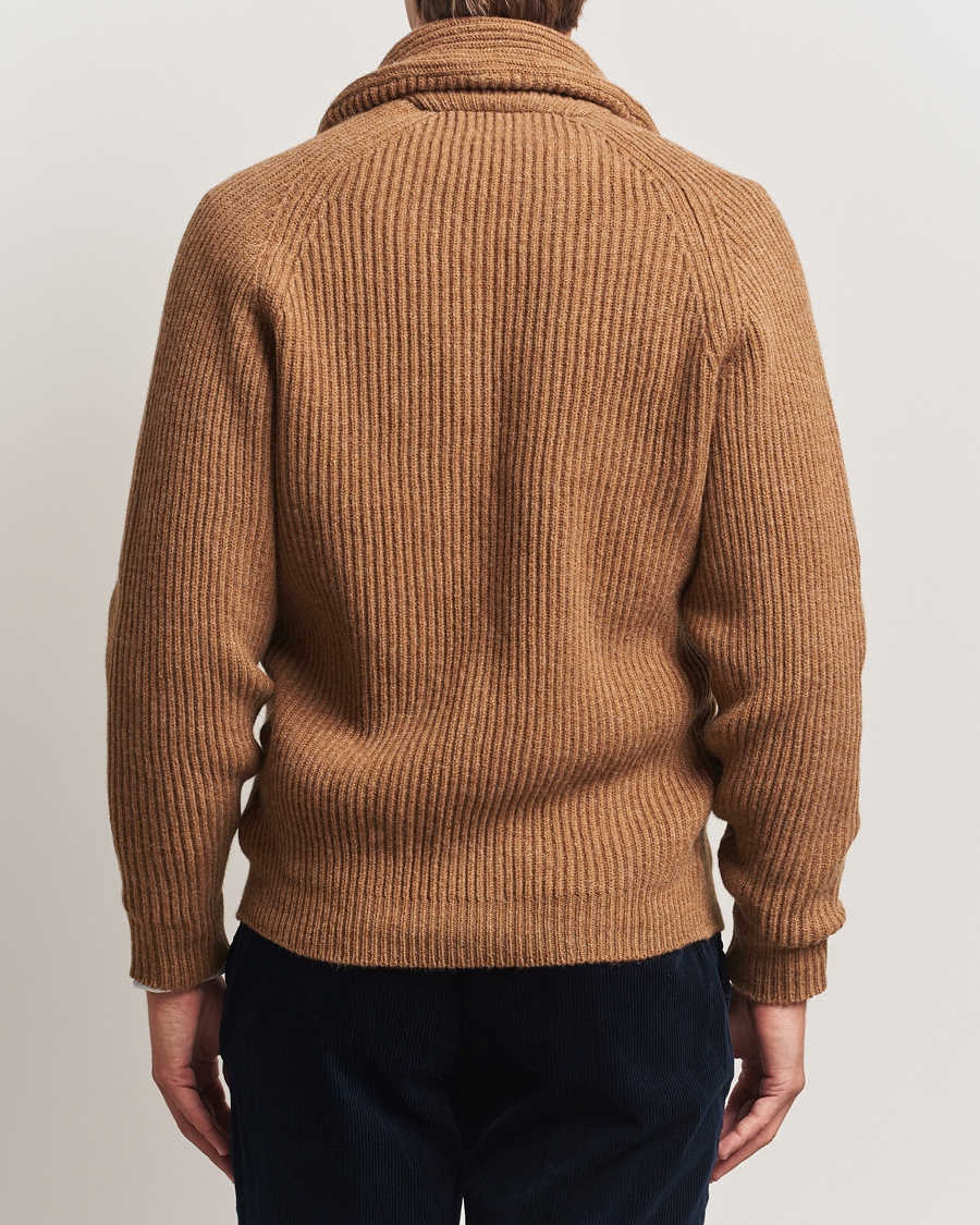 Heren | Truien | Drake's | Lambswool Shawl Collar Rib Cardigan Brown