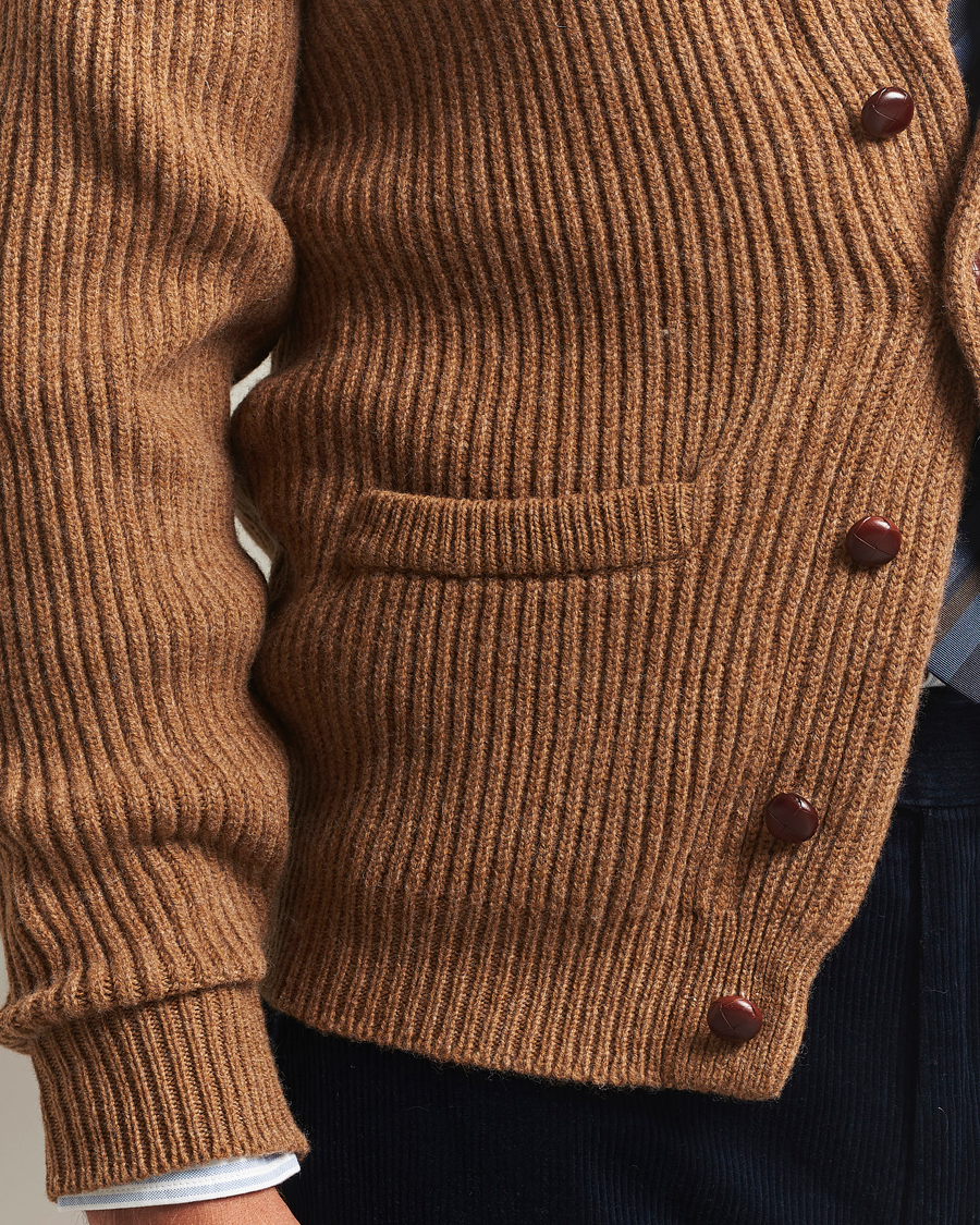 Heren | Truien | Drake's | Lambswool Shawl Collar Rib Cardigan Brown