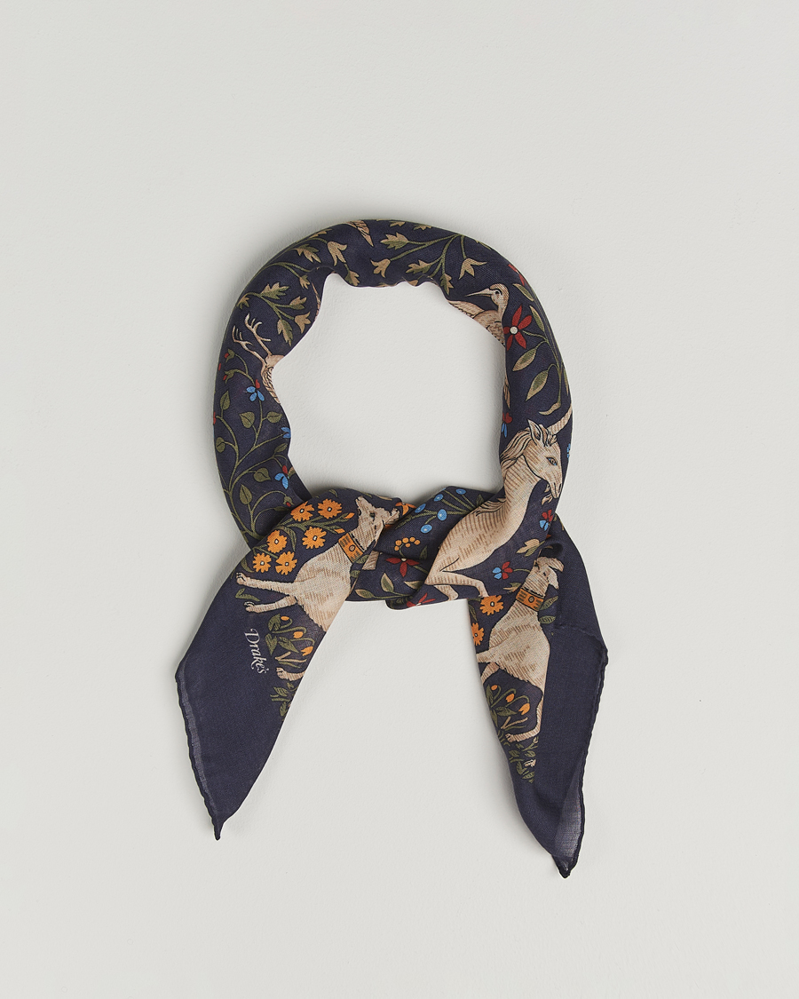 Heren | Sjaals | Drake's | Unicorn Garden Wool/Silk Scarf Navy