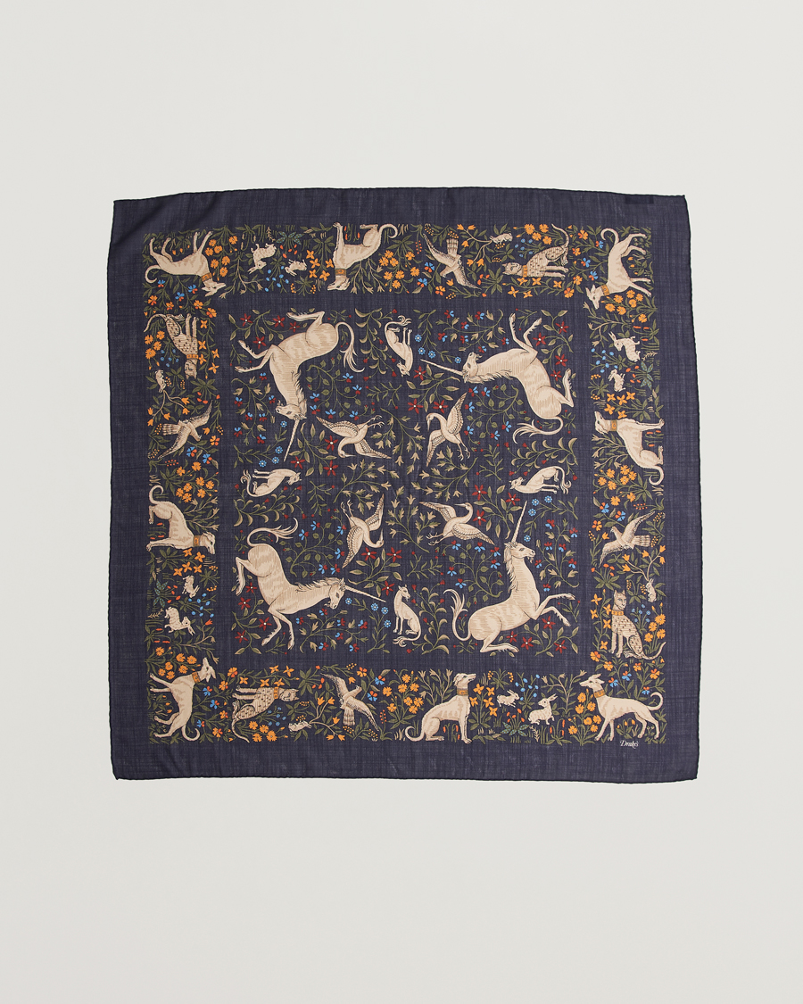 Heren | Sjaals | Drake's | Unicorn Garden Wool/Silk Scarf Navy
