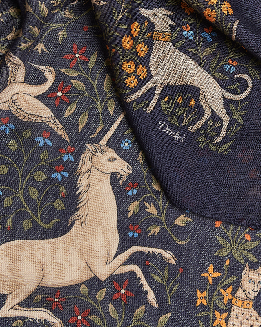 Heren | Sjaals | Drake's | Unicorn Garden Wool/Silk Scarf Navy