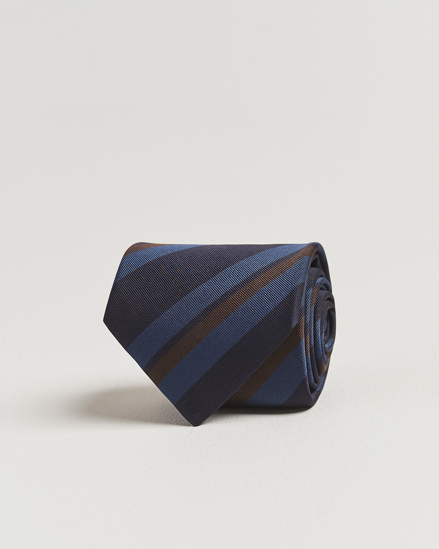 Heren | Stropdassen | Drake's | Stripe Mogador Silk/Cotton Tie Navy/Brown