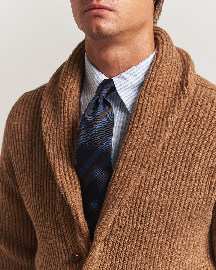Heren | Stropdassen | Drake's | Stripe Mogador Silk/Cotton Tie Navy/Brown