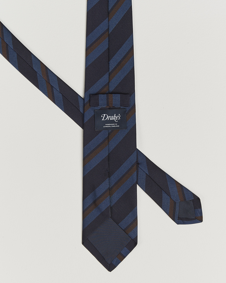 Heren | Stropdassen | Drake's | Stripe Mogador Silk/Cotton Tie Navy/Brown