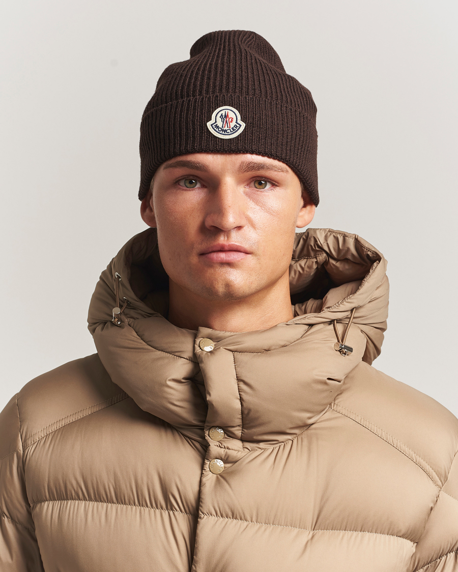 Heren | Moncler Rib Wool Beanie Brown | Moncler | Rib Wool Beanie Brown