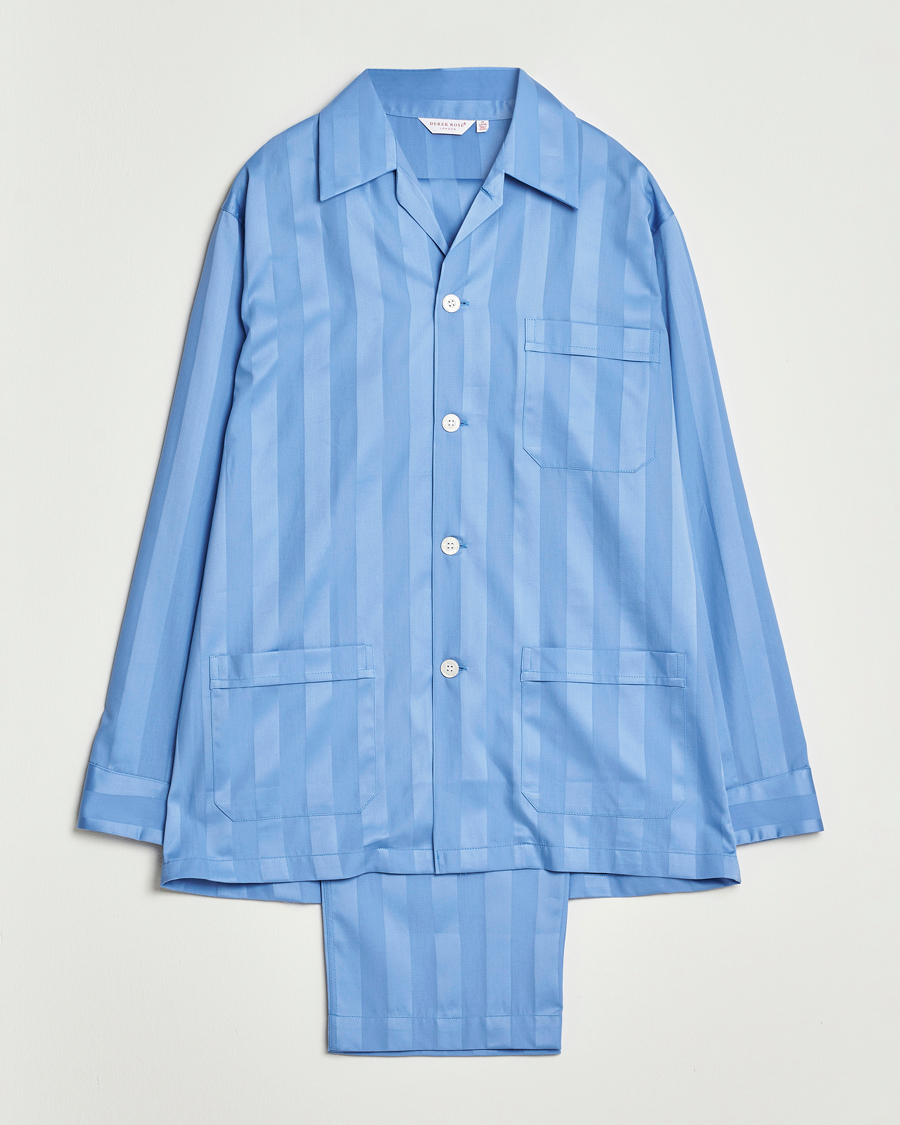 Heren | Pyjama's en gewaden | Derek Rose | Striped Cotton Satin Pyjama Set French Blue