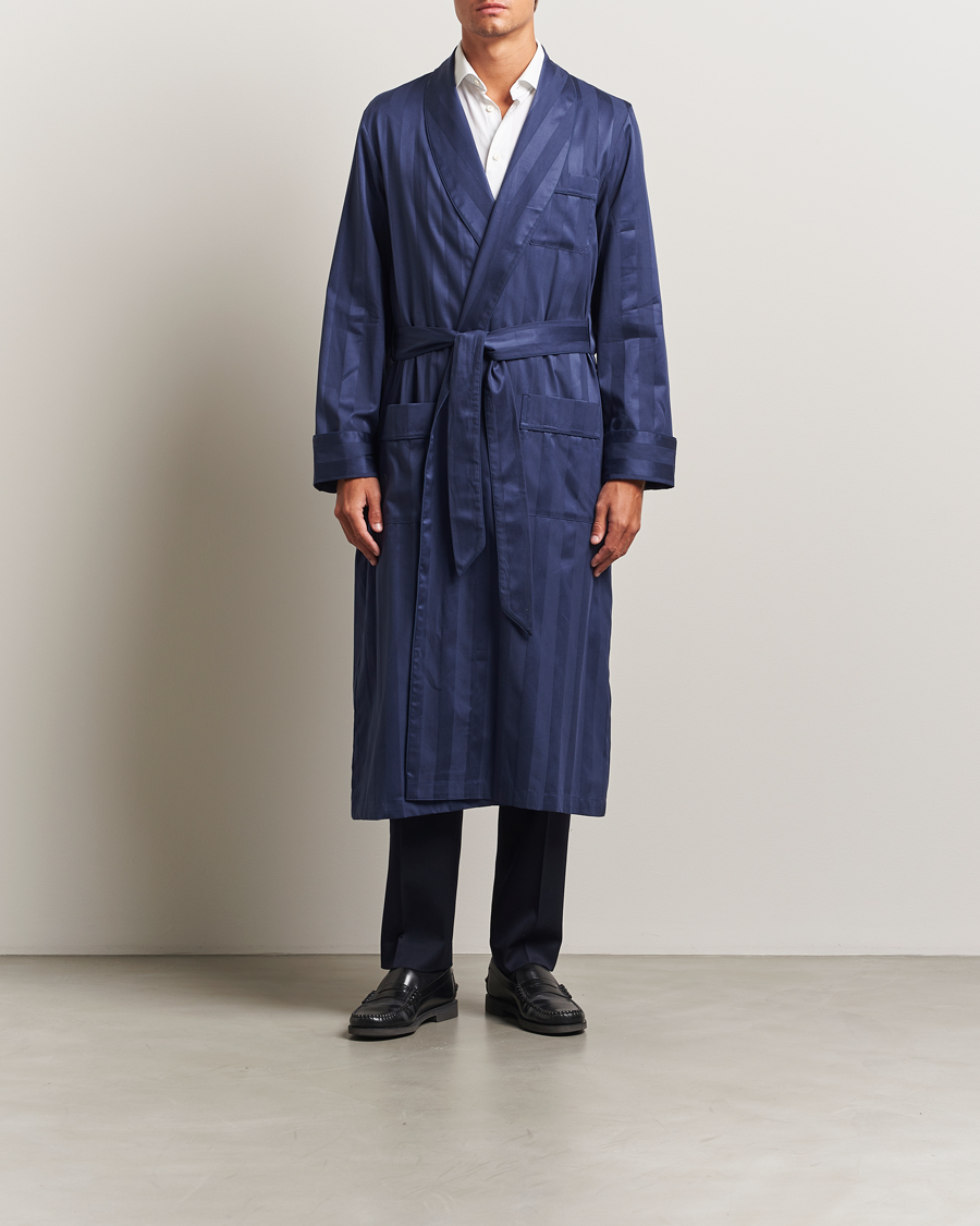 Heren | Pyjama's en gewaden | Derek Rose | Striped Cotton Dressing Gown Navy