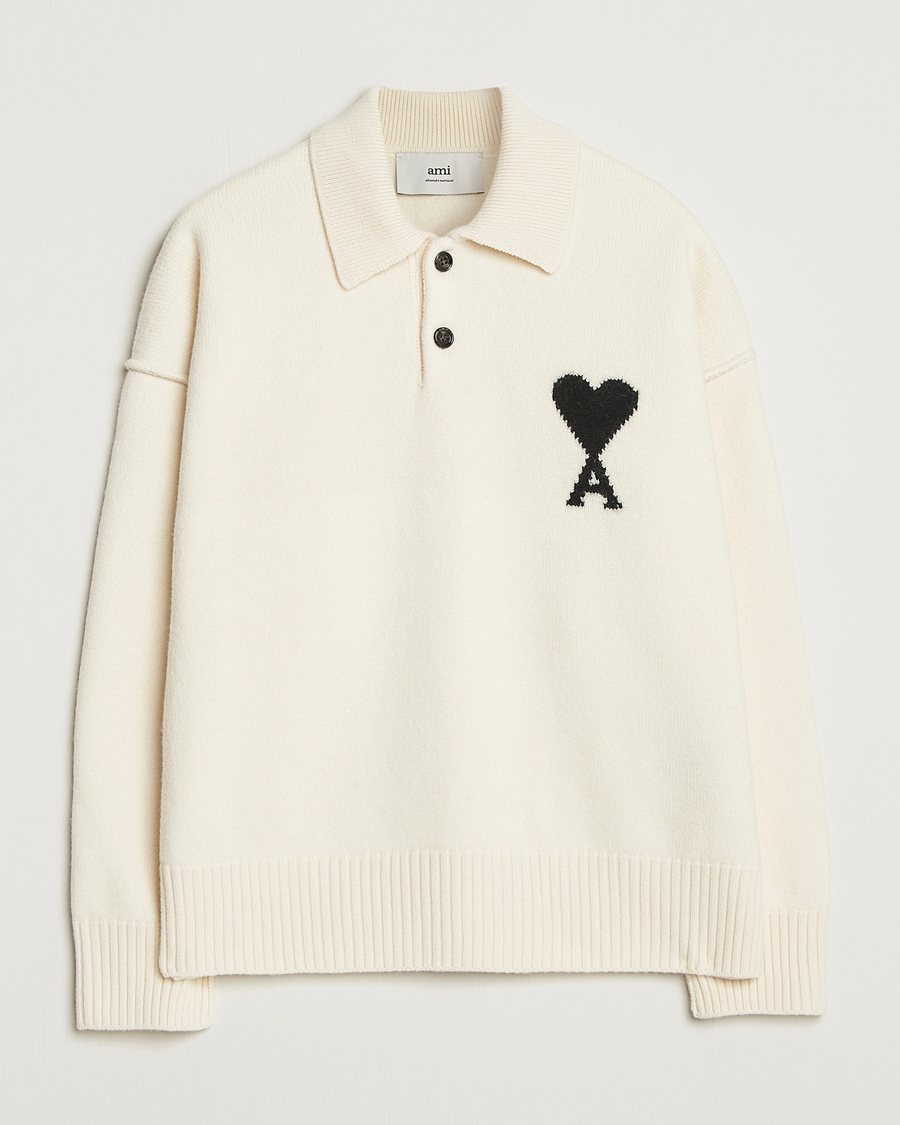 Heren | Truien | AMI | Big Heart Logo Wool Knitted Polo Ecru