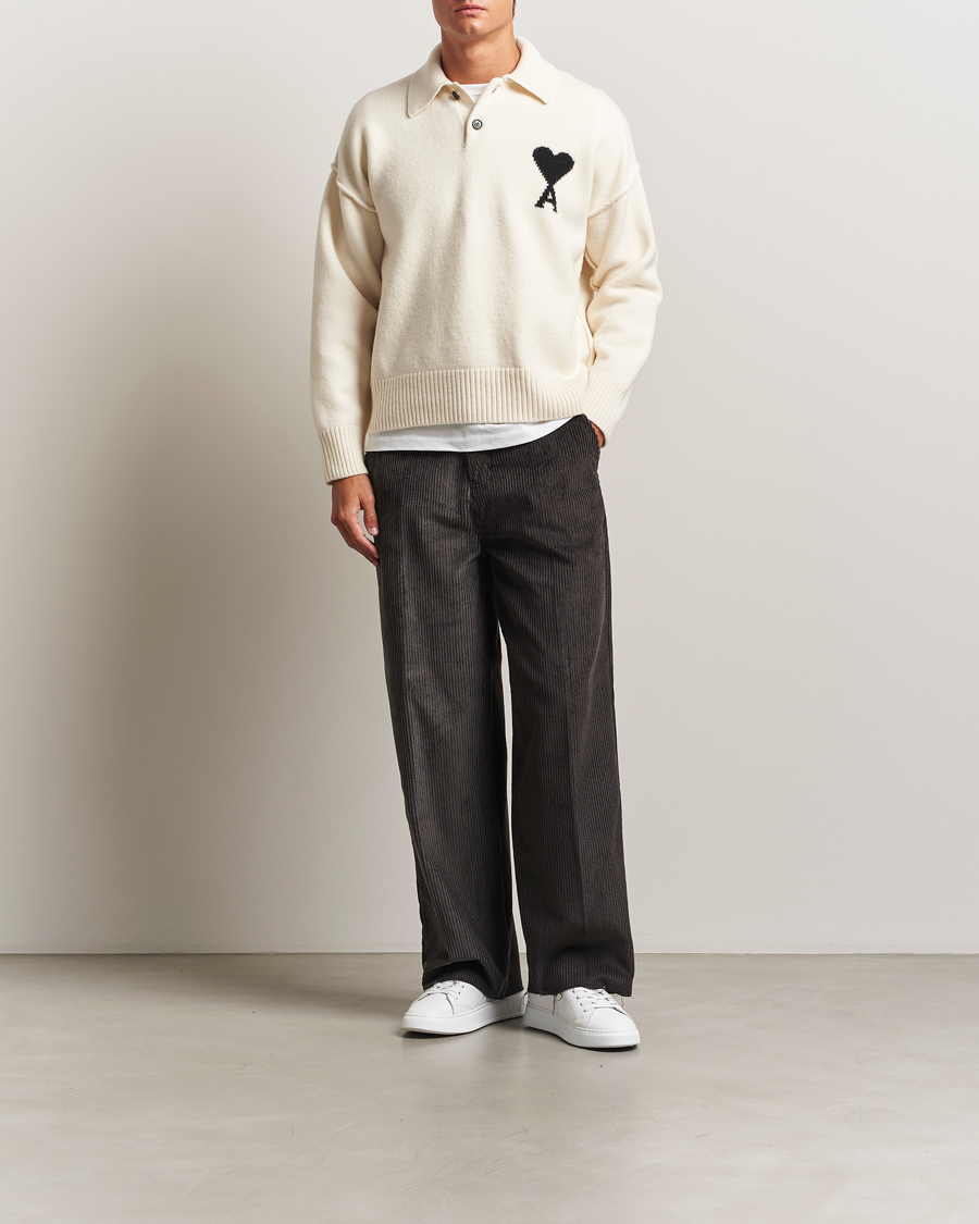 Heren | Truien | AMI | Big Heart Logo Wool Knitted Polo Ecru