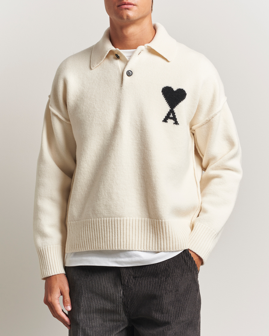 Heren | Truien | AMI | Big Heart Logo Wool Knitted Polo Ecru