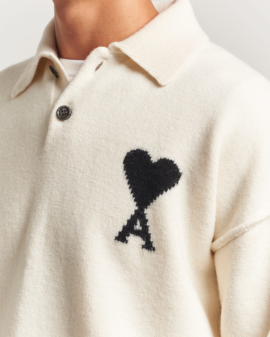 Heren | Truien | AMI | Big Heart Logo Wool Knitted Polo Ecru