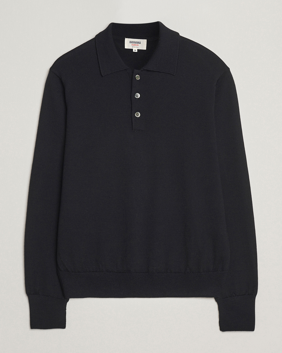 Heren | Truien | Kamakura Shirts | Long Sleeve Knitted Polo Black