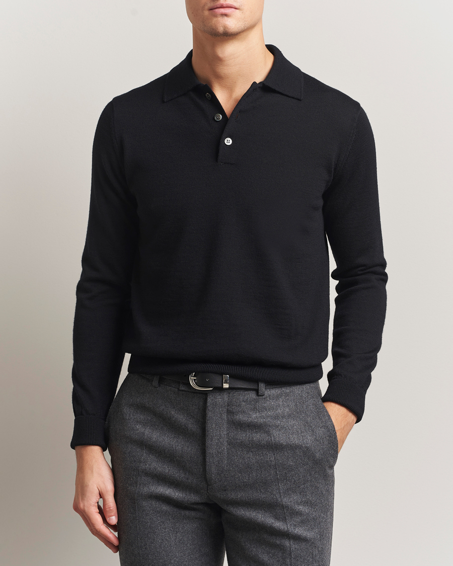Heren | Truien | Kamakura Shirts | Long Sleeve Knitted Polo Black