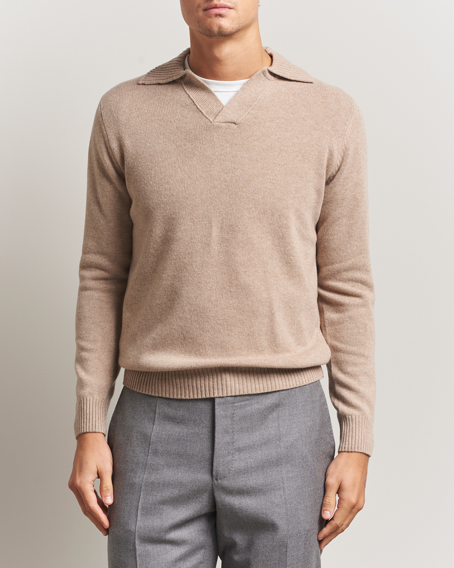 Heren | Truien | Morgano | Wool/Cashmere Heavy Knit Polo Beige