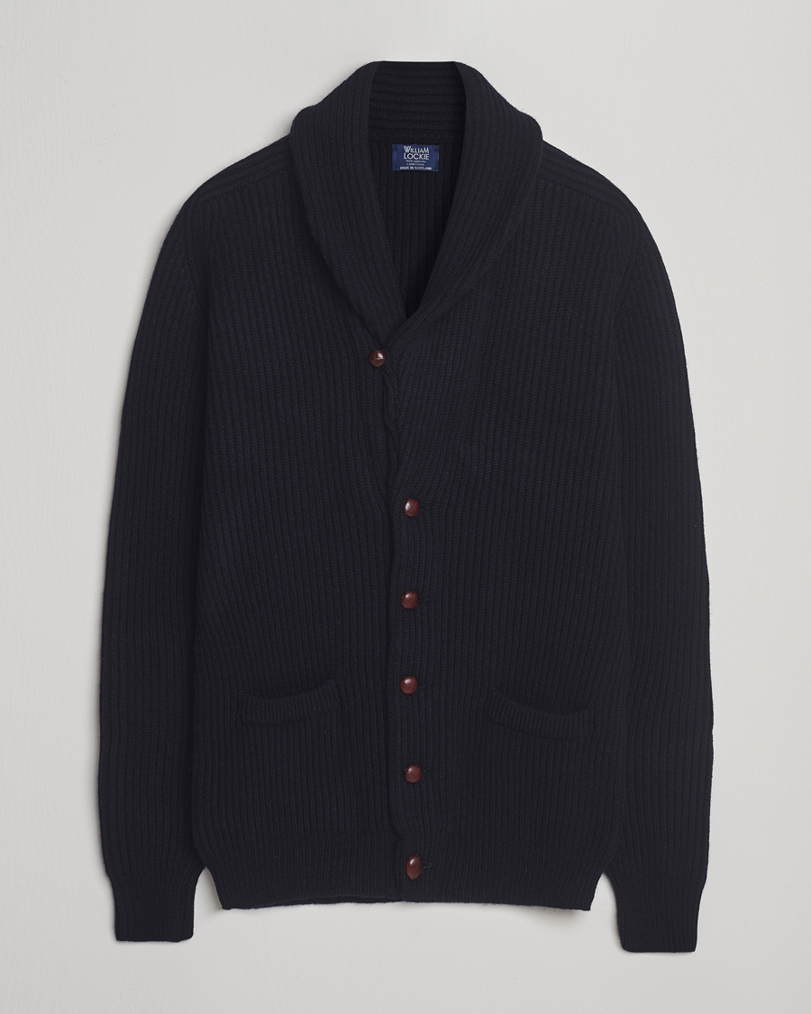 Heren | Truien | William Lockie | Windsor Geelong Lambswool Shawl Cardigan Navy