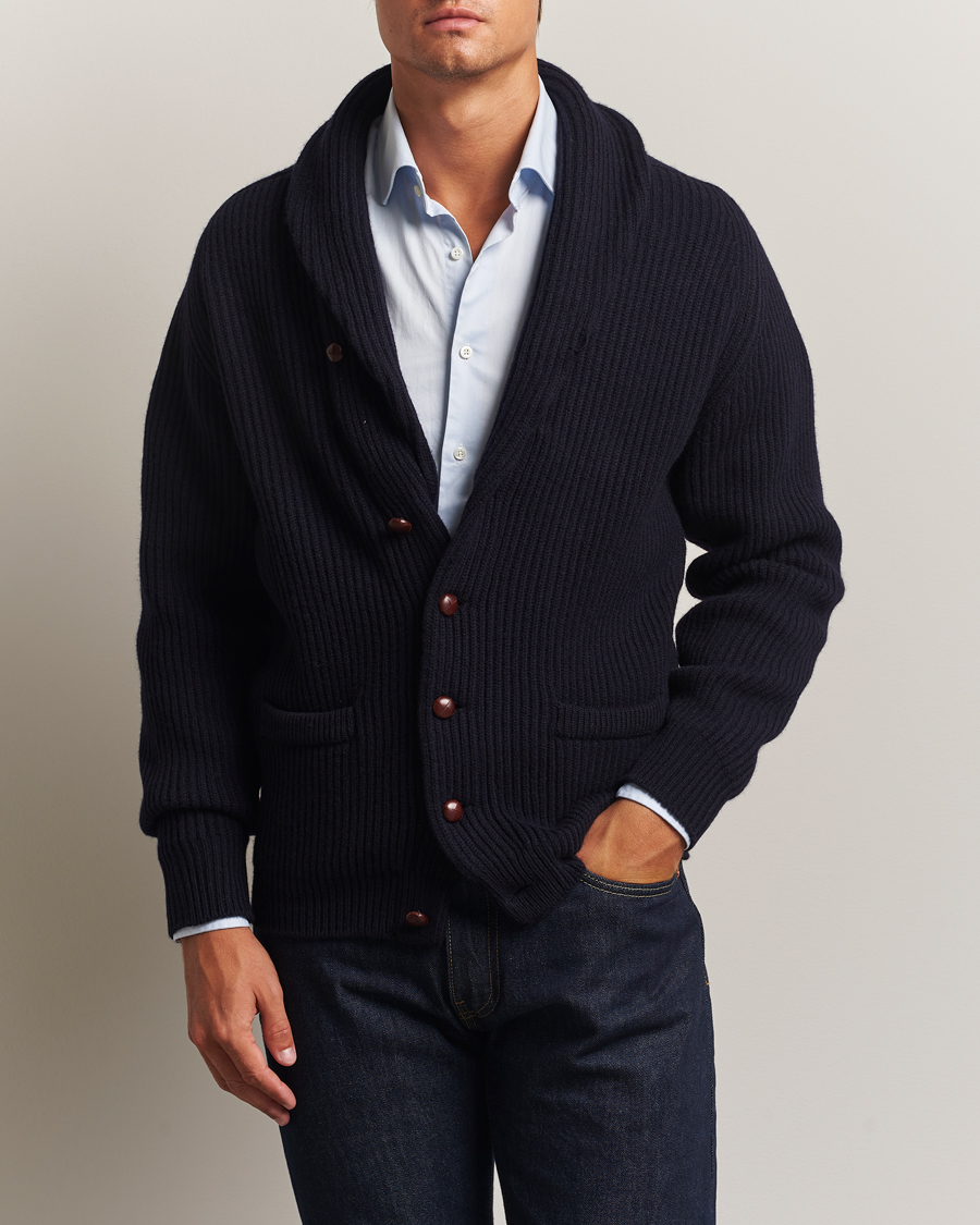 Heren | Truien | William Lockie | Windsor Geelong Lambswool Shawl Cardigan Navy