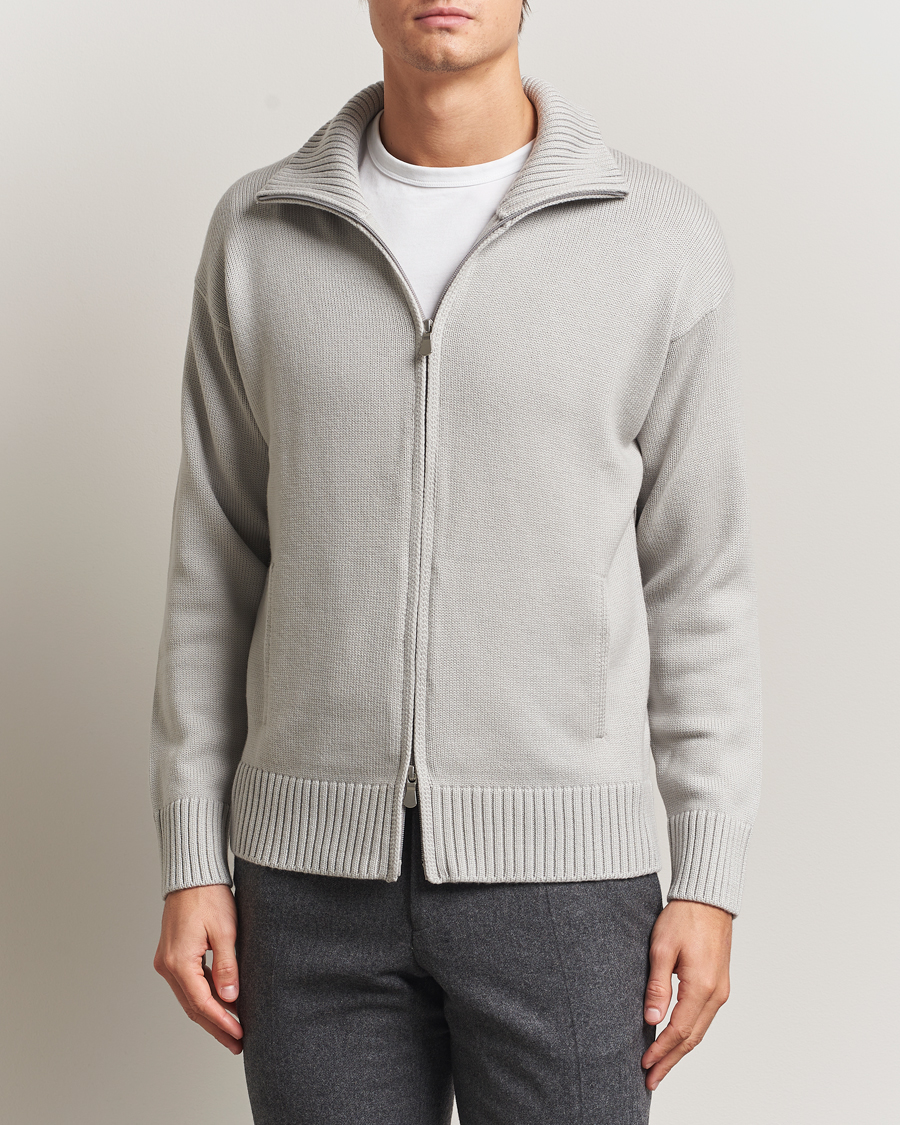 Heren | Truien | Gran Sasso | Heavy Knitted Merino Full Zip Light Grey Melange