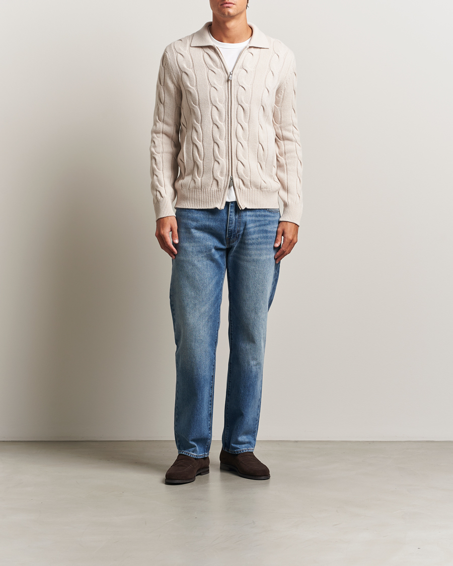 Heren | Truien | Gran Sasso | Wool/Cashmere Cable Full Zip Light Beige Melange