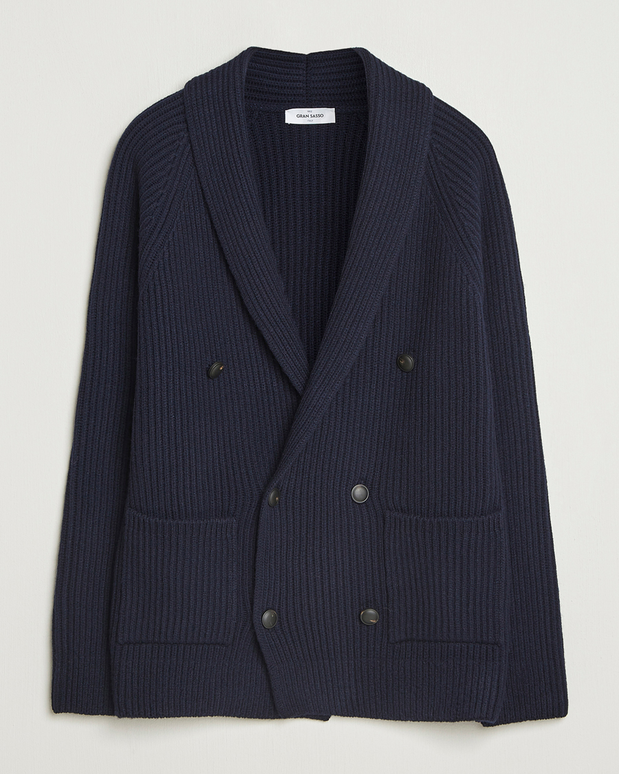 Heren | Truien | Gran Sasso | Shawl Collar Heavy Knitted Wool Cardigan Navy