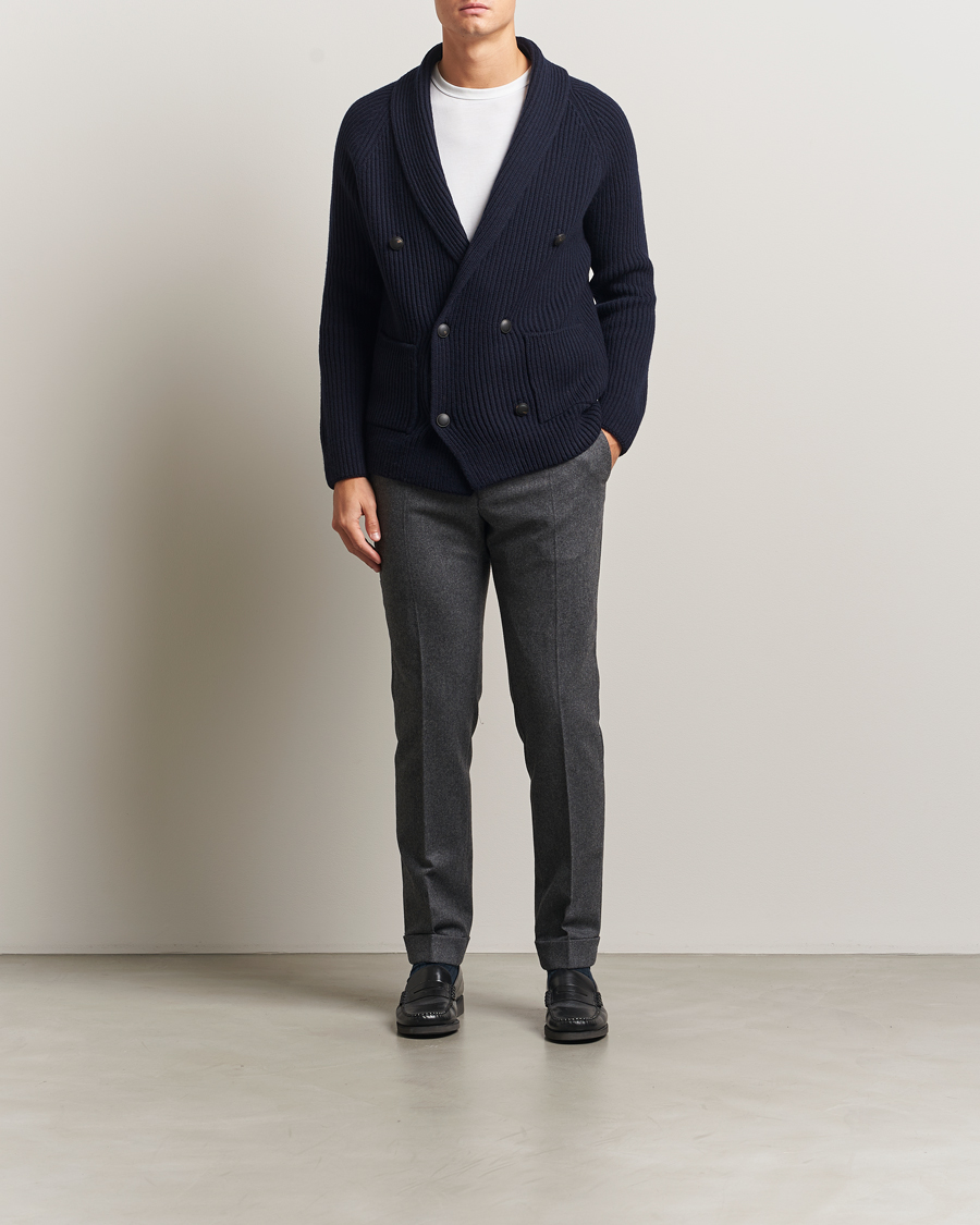 Heren | Truien | Gran Sasso | Shawl Collar Heavy Knitted Wool Cardigan Navy