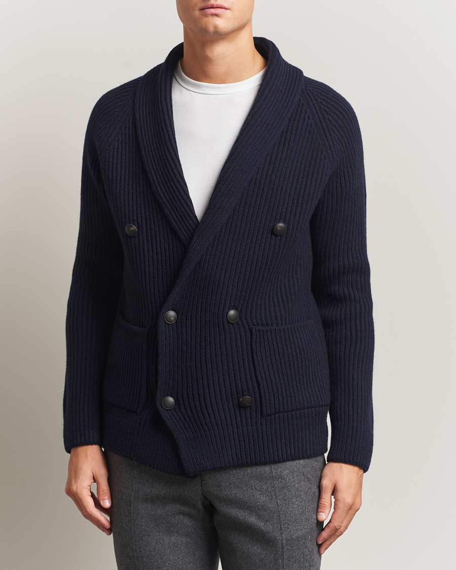 Heren | Truien | Gran Sasso | Shawl Collar Heavy Knitted Wool Cardigan Navy