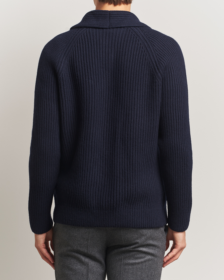 Heren | Truien | Gran Sasso | Shawl Collar Heavy Knitted Wool Cardigan Navy
