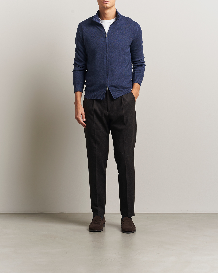 Heren | Truien | Gran Sasso | Wool/Cashmere Washed Full Zip Navy Melange